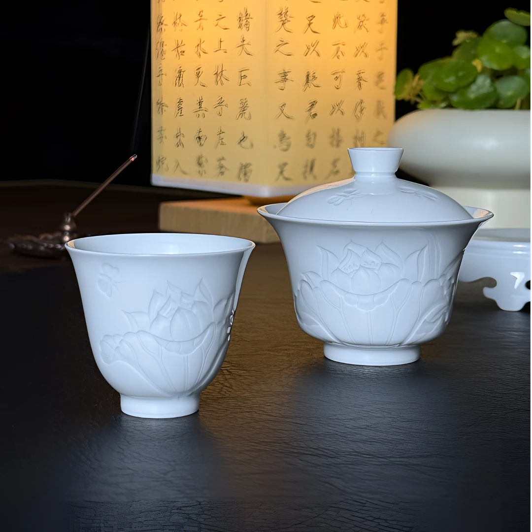 【瓷遇青白】荷花茶具套组 景德镇纯手工雕刻茶具套组中式家用送礼