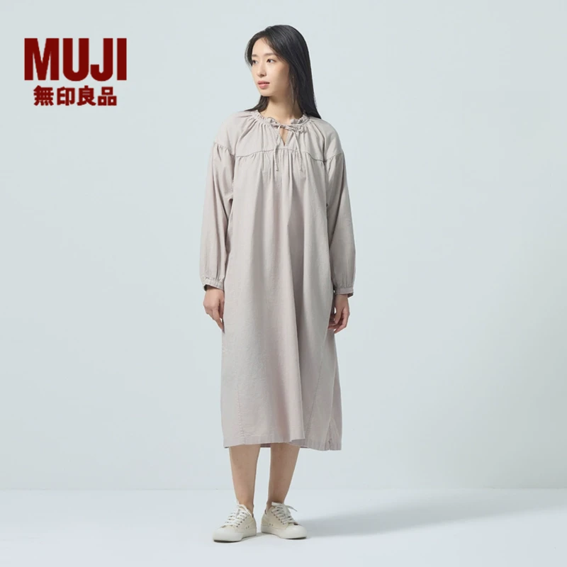 无印良品 MUJI IDEE 女式 汉麻混平纹抽褶连衣裙女装春季新品