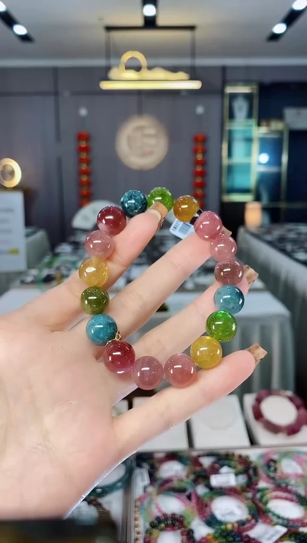 老矿碧玺糖果彩虹透体单圈手串10mm+未镶嵌碧玺dan多样性发货一条