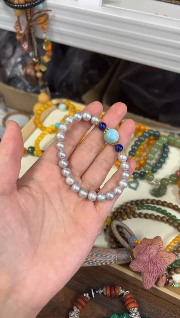 淡水珍珠手链银S925镶嵌真多麻珍珠海纹款手链[1433]