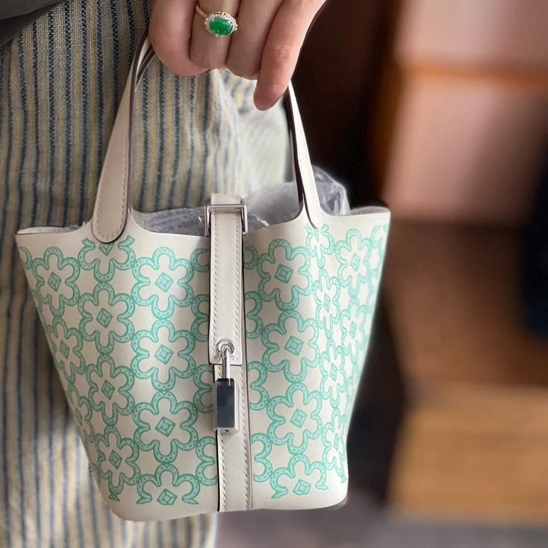 95新 Hermes/爱马仕 花花 14 菜篮子 绿花 I2奶油白 Swift皮 U刻