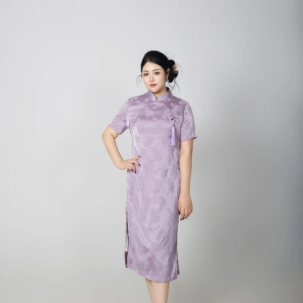 微瑕不褪【紫鸢】大码女装春夏新款复古显瘦提花立领旗袍连衣裙
