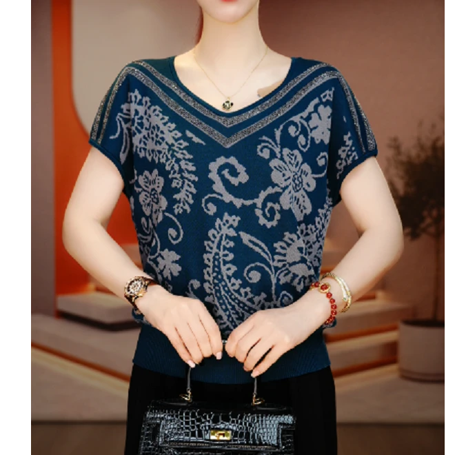 春夏款琉璃冰感丝套头针织衫短袖女洋气女装宽松冰感上衣V25Z638