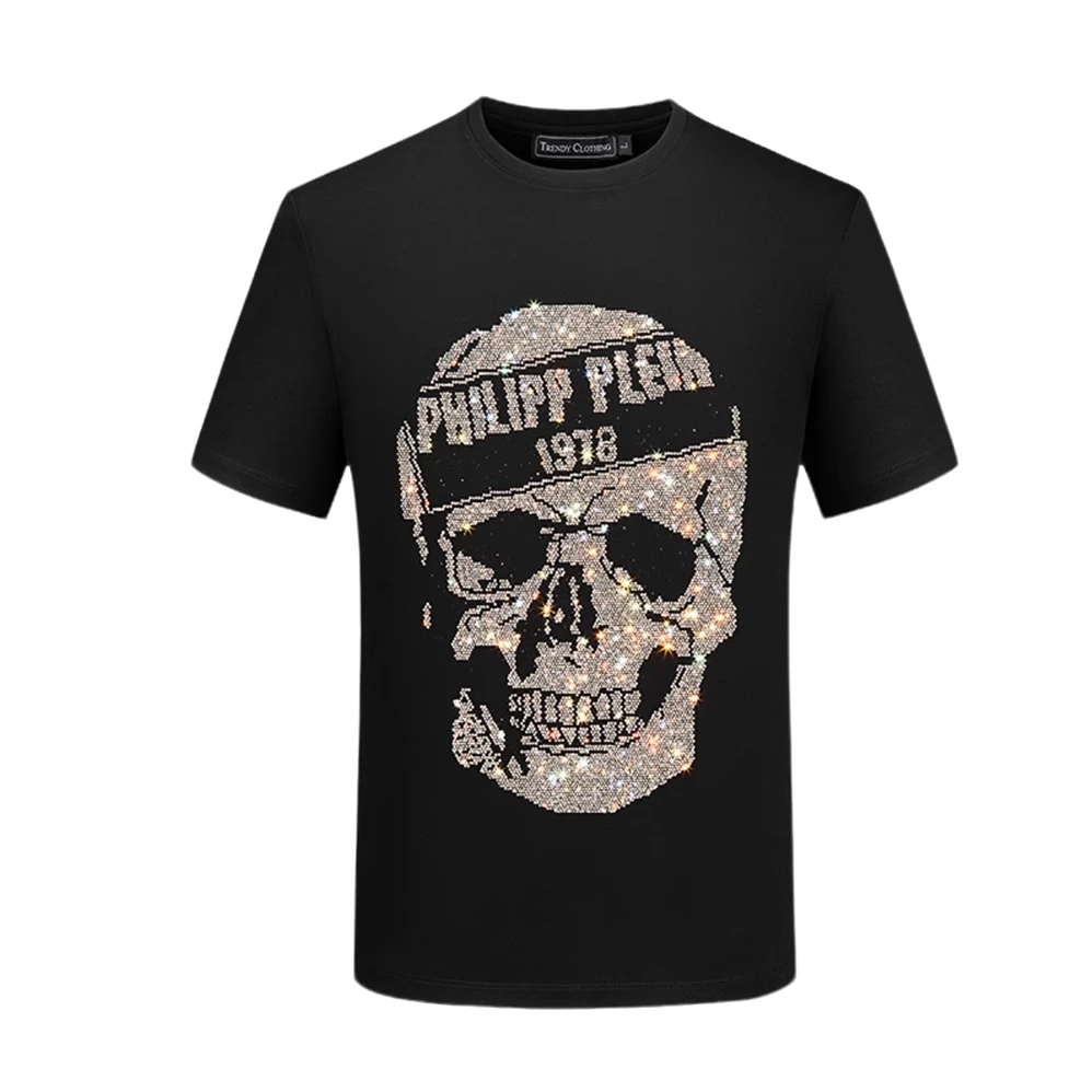 狄佛蒙特冰丝短袖t恤男士烫钻骷髅头夏季高端轻奢时尚休闲百搭T恤