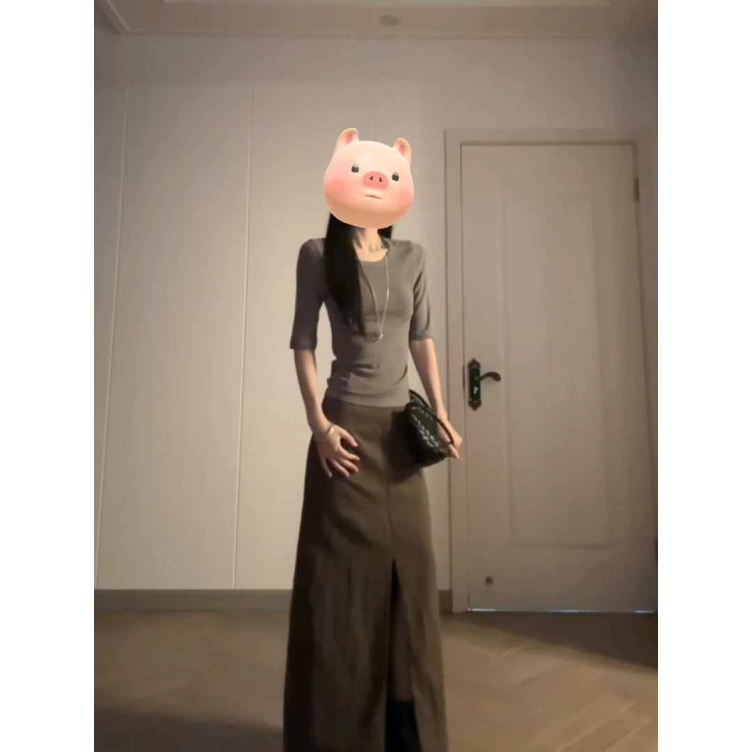 MARIE.COCO韩系chic五分袖正肩t恤上衣女洋气时尚开叉半身裙套装