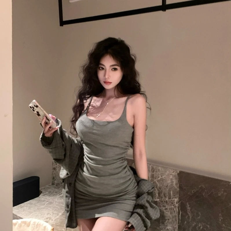 夏甜美辣妹风免穿bra带胸垫气质收腰显瘦包臀吊带连衣裙夏季裙子