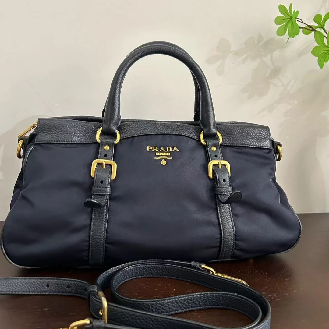95新 Prada/普拉达 【白菜】深蓝金帆布手提斜挎包/BGD401400102