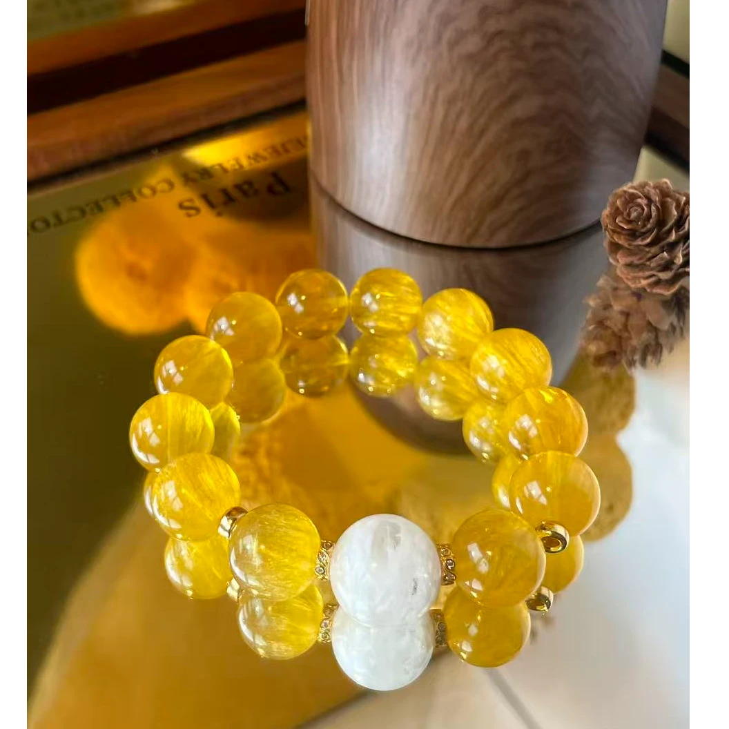 天然水晶白雪花幽灵惊慌是萤石手串  黄色爱心男女通用