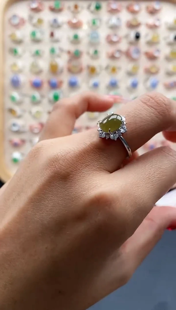 【闪购商品】翡翠戒指银S925镶嵌缅甸天然A货翡翠111 10+4