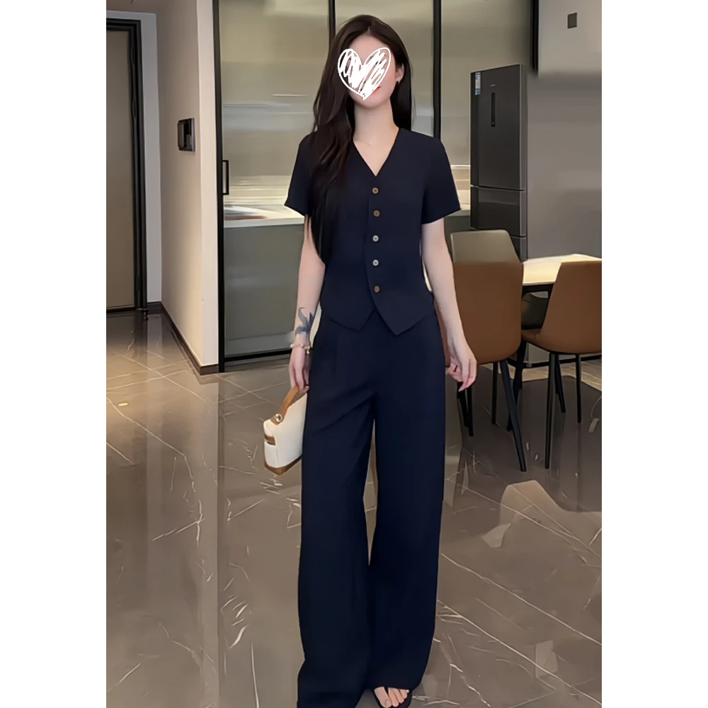 2025夏季韩系慵懒休闲排扣短袖衬衫女高腰宽松阔腿裤减龄两件套