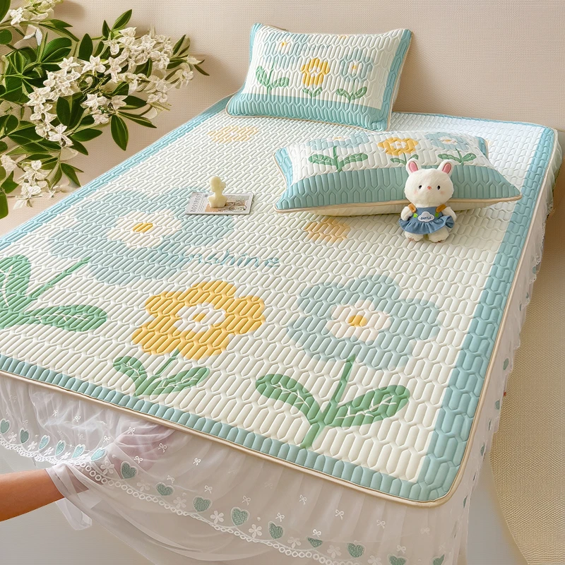 乳胶印花大版蕾丝凉席床裙款三件套公主风花边乳胶凉席冰丝席床裙