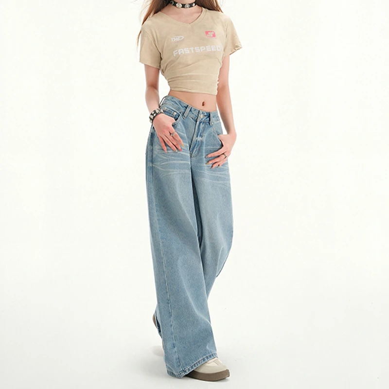 【时岛】美式高街阔腿牛仔裤女春夏新款高腰宽松休闲直筒垂感拖地