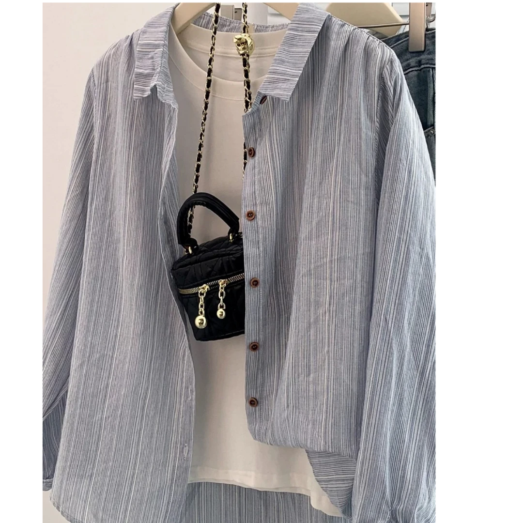 【依依】大码女装早春季胖mm宽松休闲Polo领条纹长袖衬衫上衣