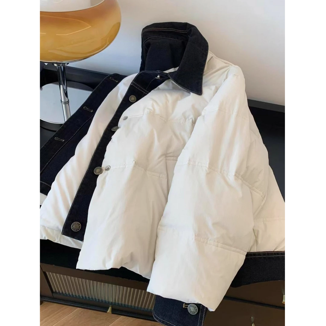 牛仔拼接短款棉服女装2025冬季新款韩系设计感假两件加厚保暖外套