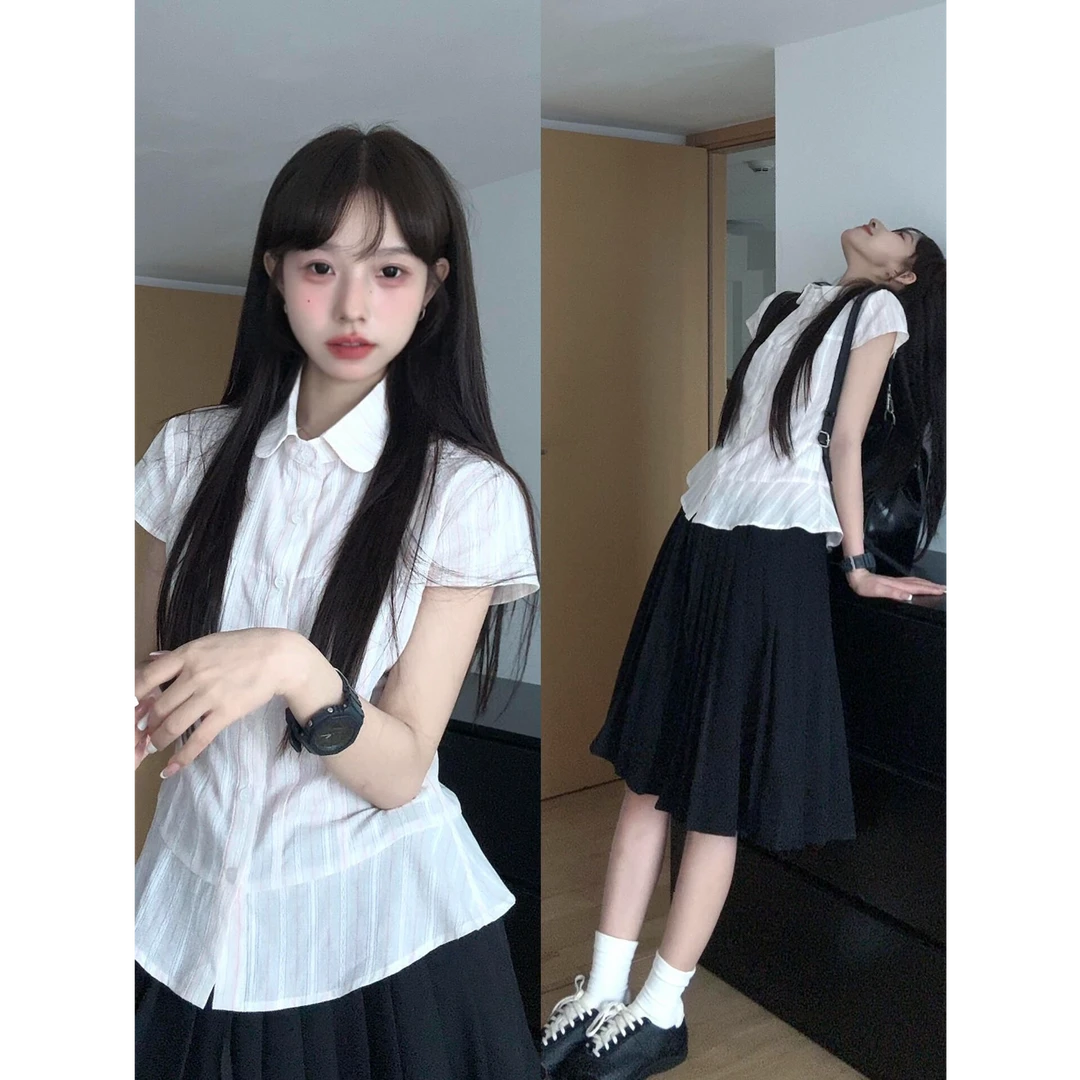 甜美少女感白色小飞袖衬衫套装女夏季新款高腰百褶半身裙子两件套