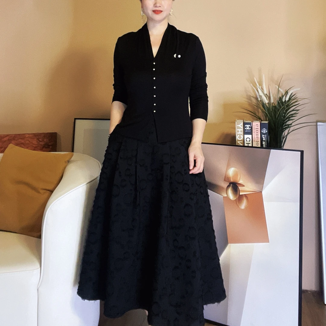 高定系列波点流苏赫本风女士中长款半身裙显瘦赫本裙气质高雅