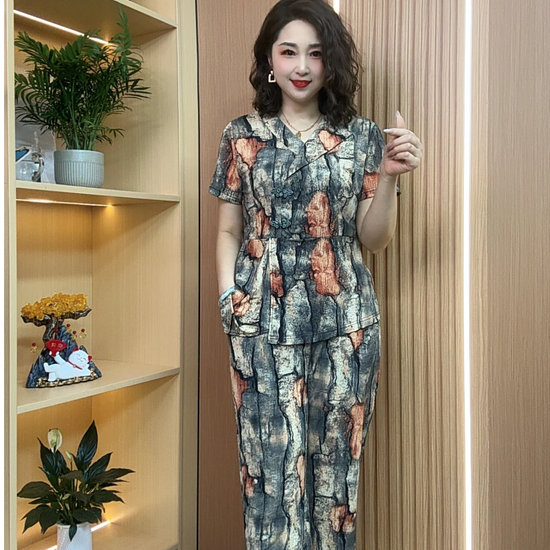 感恩母亲节 气质翻领洋气妈妈套装上衣+裤子