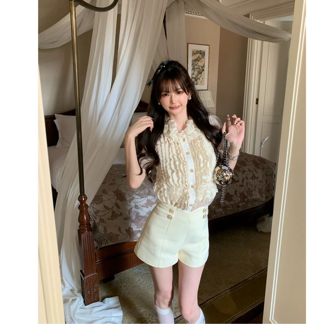 【埃尔兹古堡】早春重工宫廷欧根纱蕾丝木耳花边短袖上衣短裤半身裙