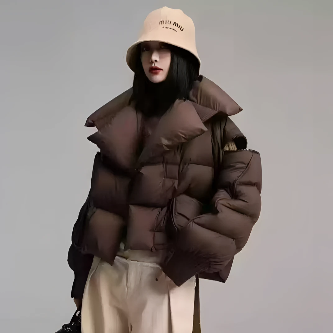 Z高端羽绒服女款短款针织拼接大翻领磁吸95鹅 绒服