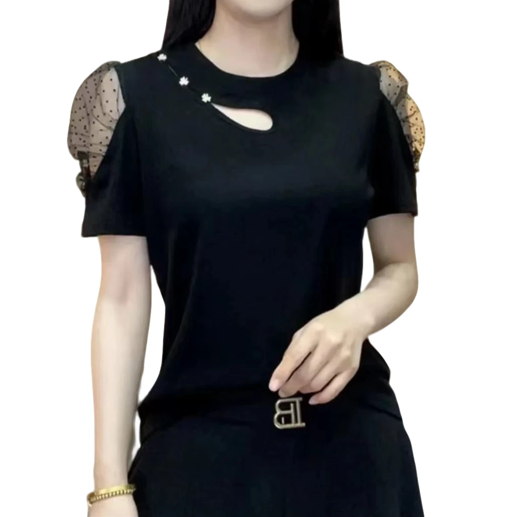 小施家气质优雅拼接蕾丝肩镂空领闪钻显瘦8810