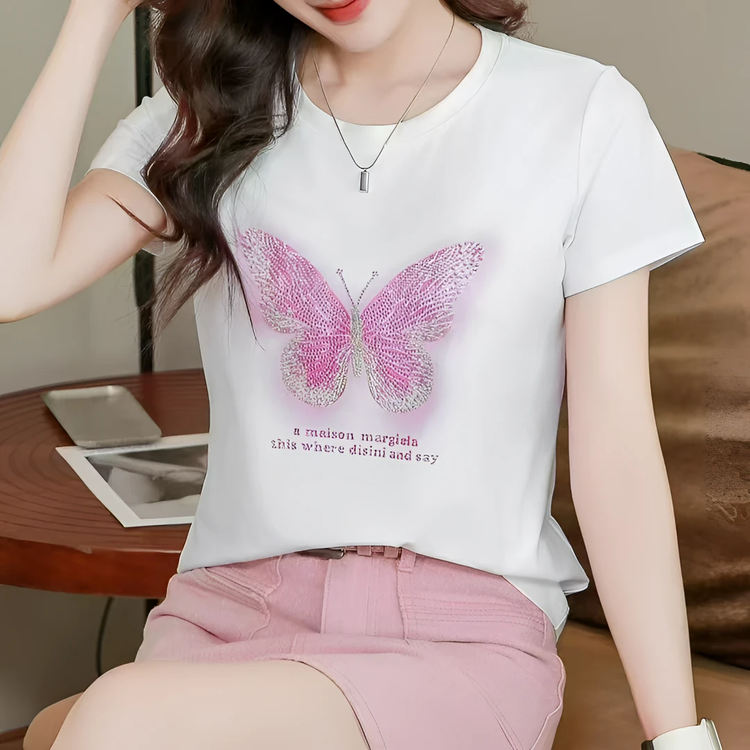 短袖甜美可爱风蝴蝶通勤短款T恤夏季女士减龄时尚显瘦