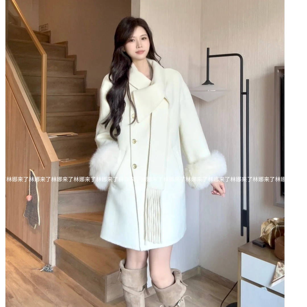2024新款手工缝制可脱卸狐狸毛袖口双面羊毛大衣女外套8817