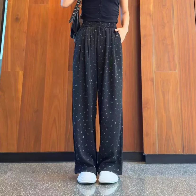夏季薄款时尚减龄碎花高腰显瘦宽松垂感松紧腰直筒阔腿防蚊休闲裤