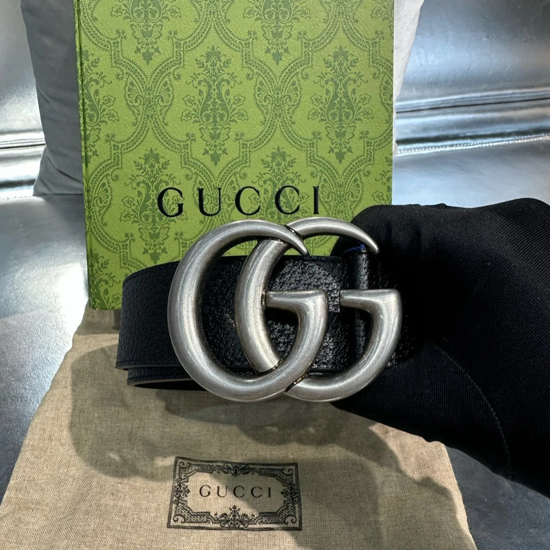 未使用 GUCCI/古驰 黑银黑色牛银扣双G腰带男士皮带