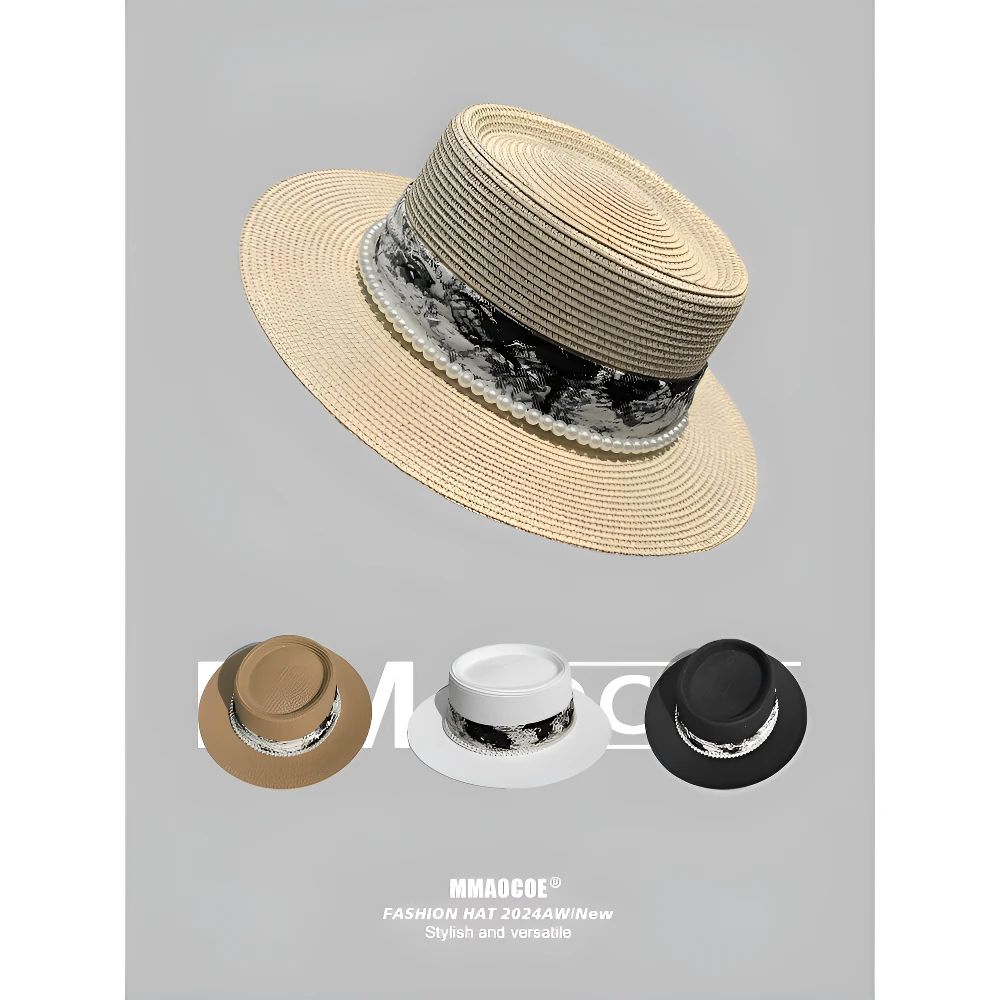 平顶草帽女法式礼帽夏天出游海边沙滩遮阳防晒帽珍珠国潮草编帽子
