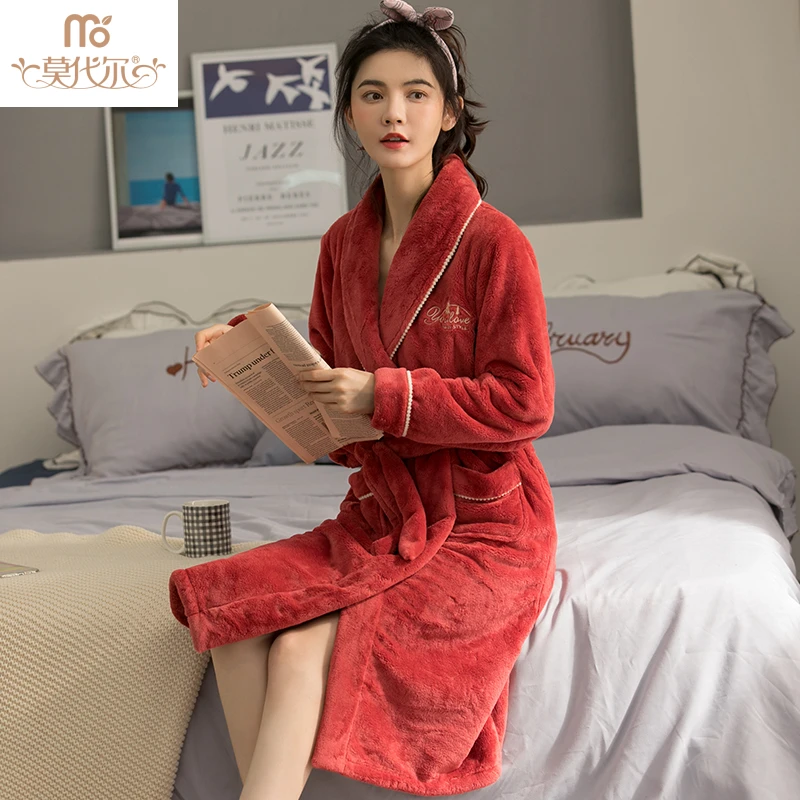 莫代尔女士秋冬季睡袍加绒加厚法兰绒浴袍保暖珊瑚绒家居服中长款