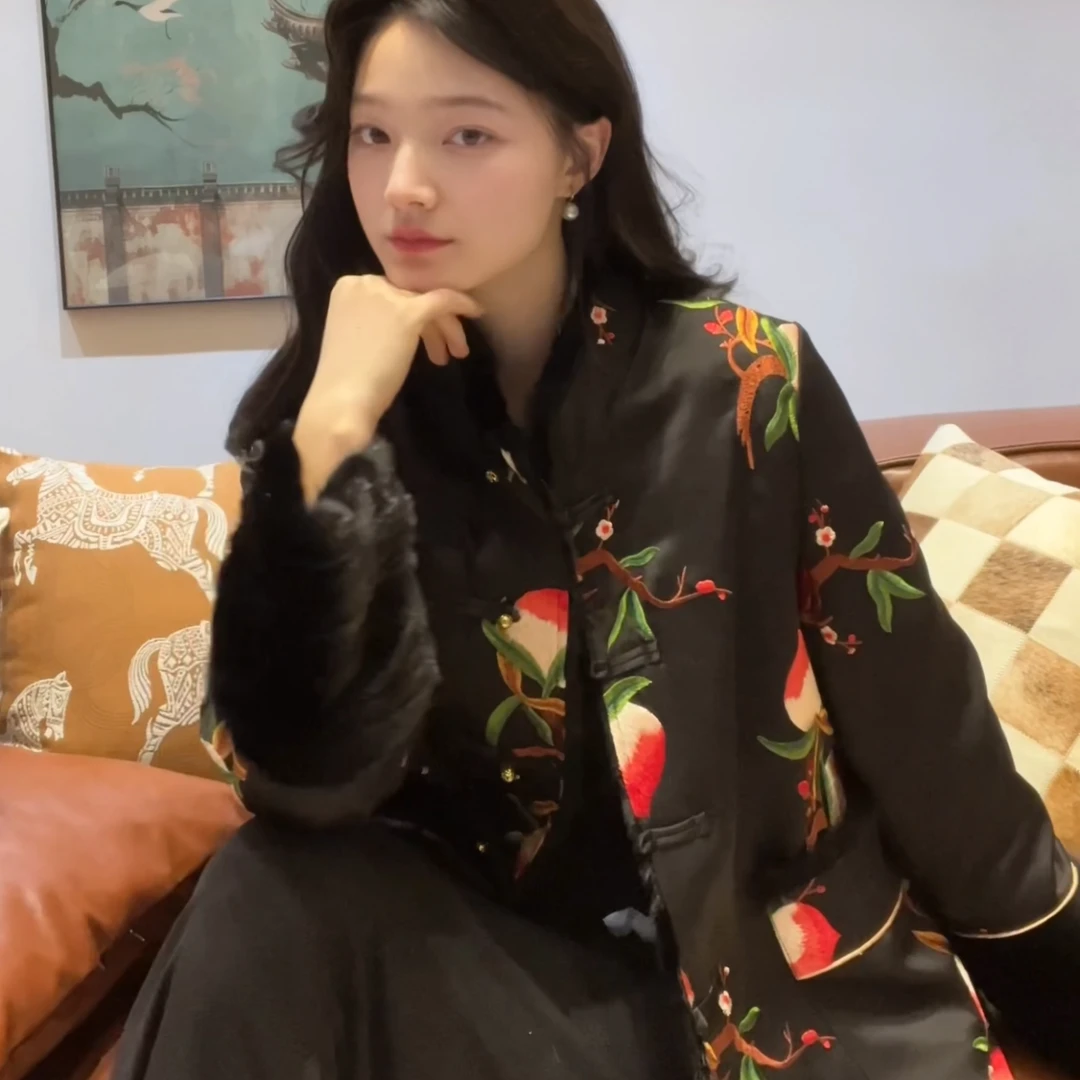 貂皮大衣两面穿新中式国风两面穿绣花水貂毛皮草外套女新款23028
