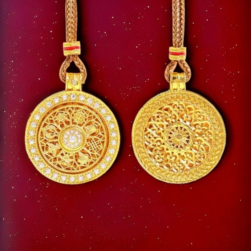 合金吊坠 网红款镶钻八宝罗盘可旋转吊坠圆镂空挂坠金色项链新款