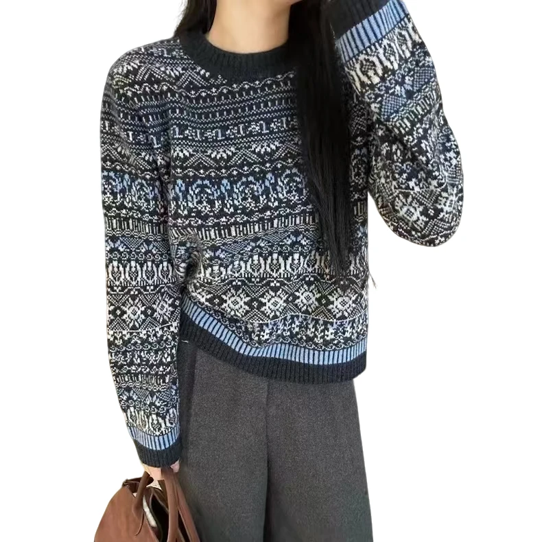100%全羊毛费尔岛风格显瘦时尚休闲风百搭经典圆领提花针织羊毛衫