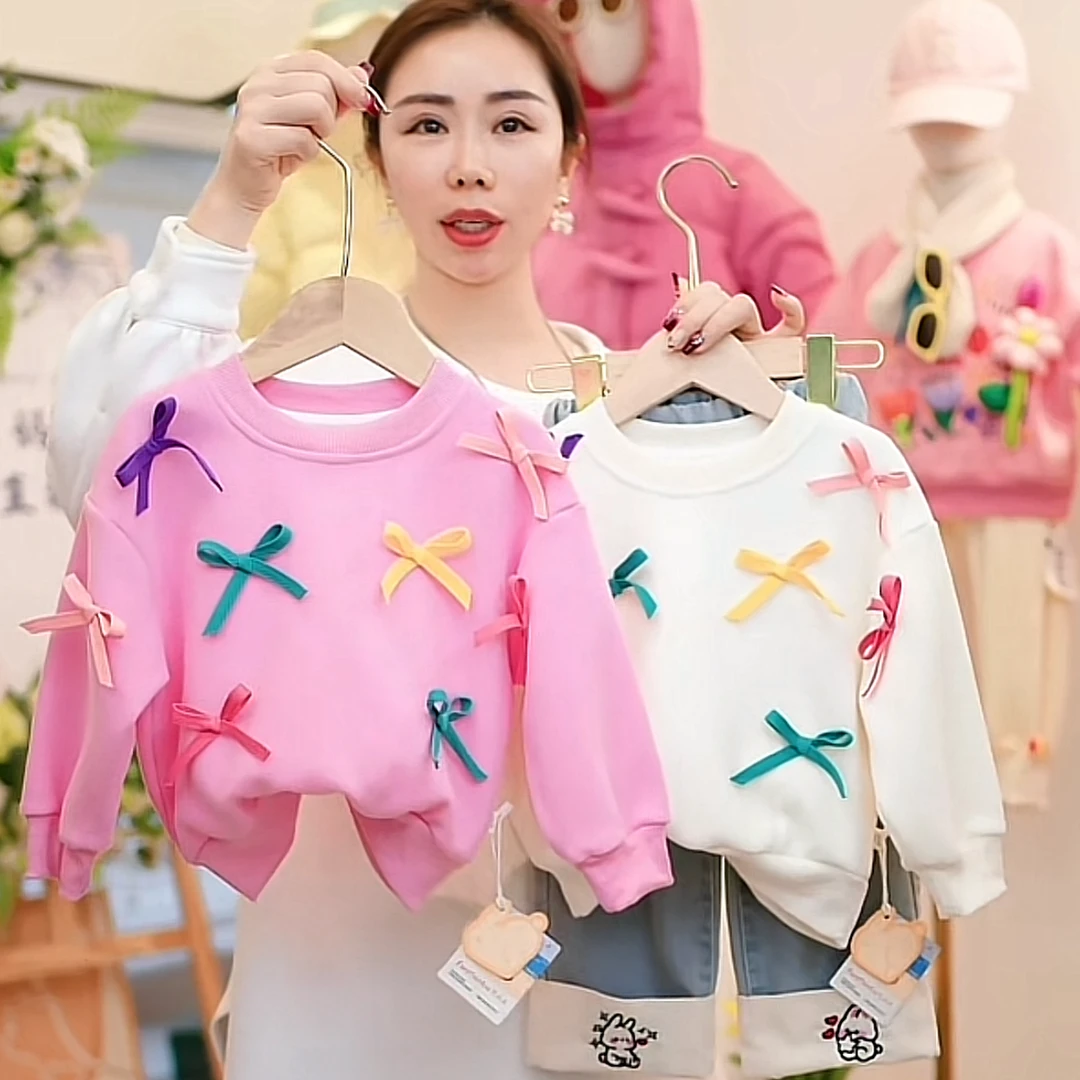2025春款立体蝴蝶结女童卫衣圆领套头长袖休闲上衣时尚儿童韩版