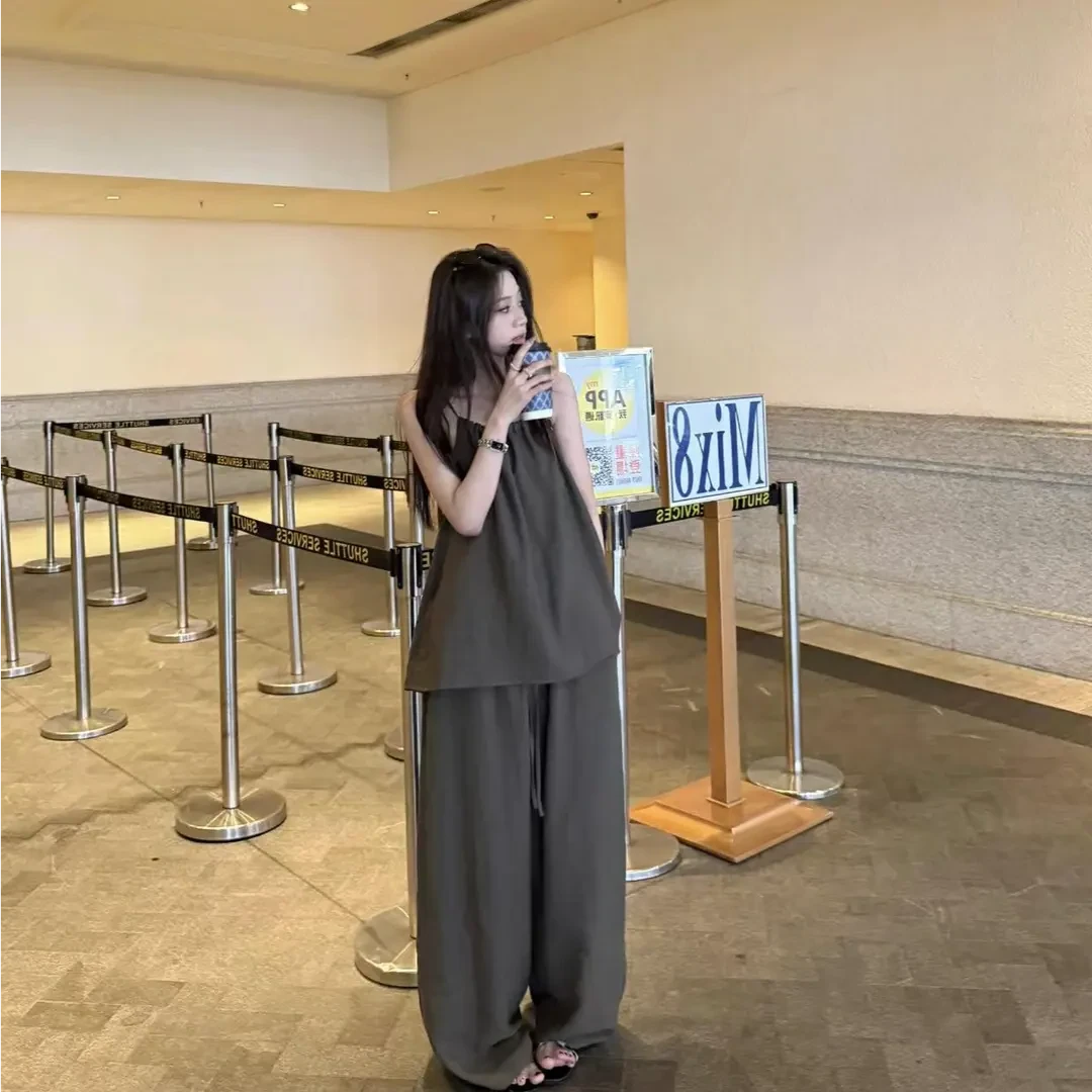 法式百搭夏季时尚上衣休闲裤长裤时尚套装高腰短袖显瘦运动宽松女