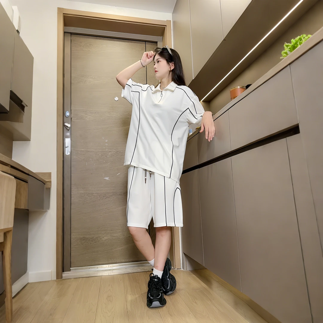潮流情侣宽松透气跑步条纹男短裤休闲运动套装运动服短袖薄款夏季
