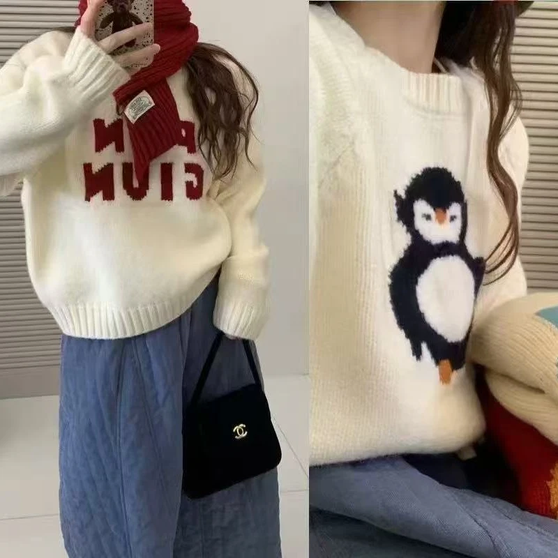 设计感正反两穿企鹅立体字母提花圆领毛衣套头女春季宽松针织衫厚