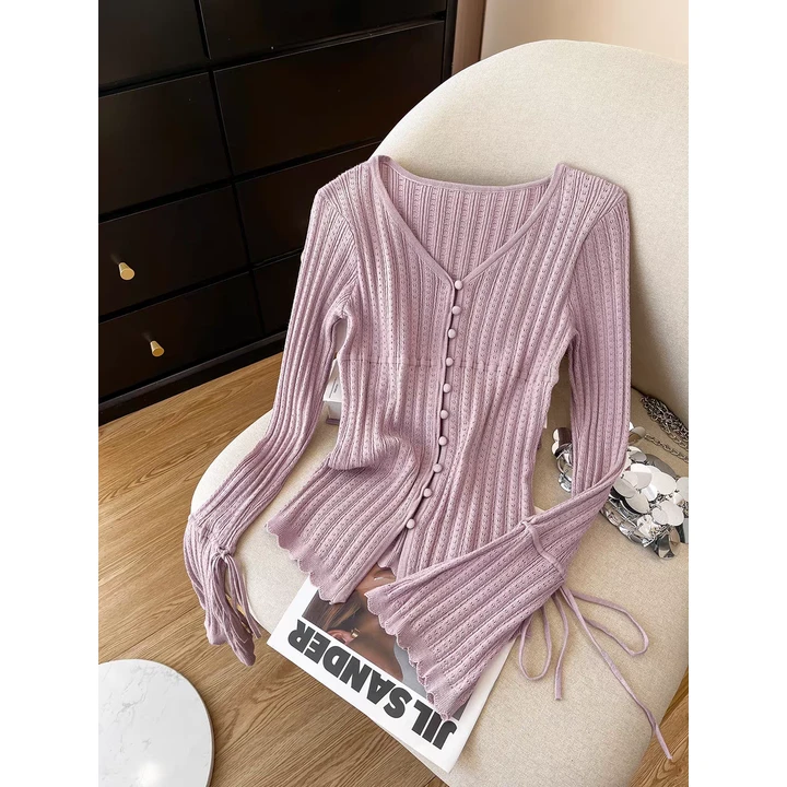 气质轻熟风V领针织开衫开春新款修身显瘦小众设计款打底减龄上衣