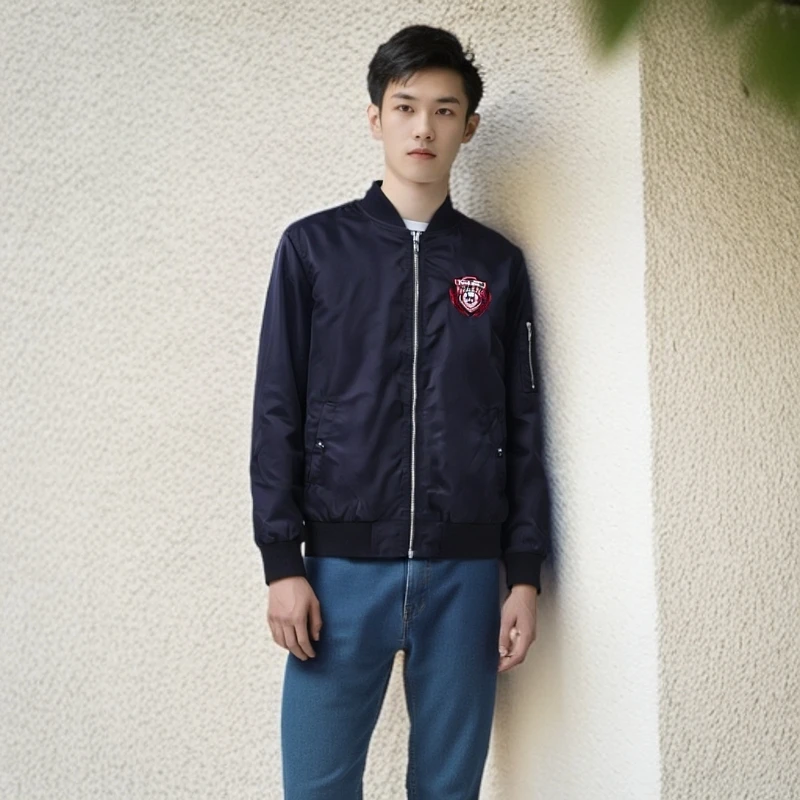 男士简约春秋休闲运动印花园领美式外套宽松夹克潮流棒球服时尚