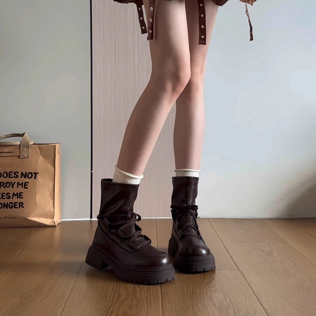 牛皮~小众绑带厚底早秋短靴女款美拉德棕色靴子百搭英伦风马丁靴