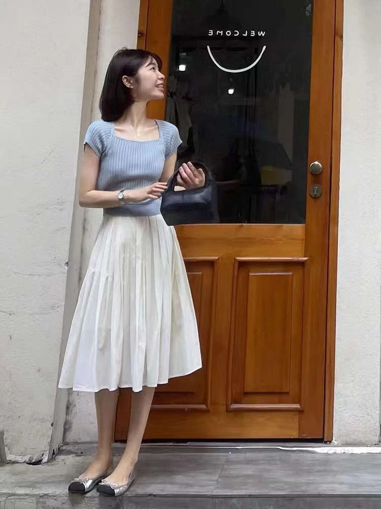 法式气质蓝色方领短袖t恤女2025夏季短款别致设计感小众针织上衣