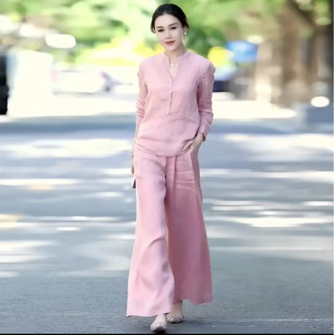 新中式时尚套装女2025春季新款洋气显瘦衬衫高腰阔腿裤休闲两件套