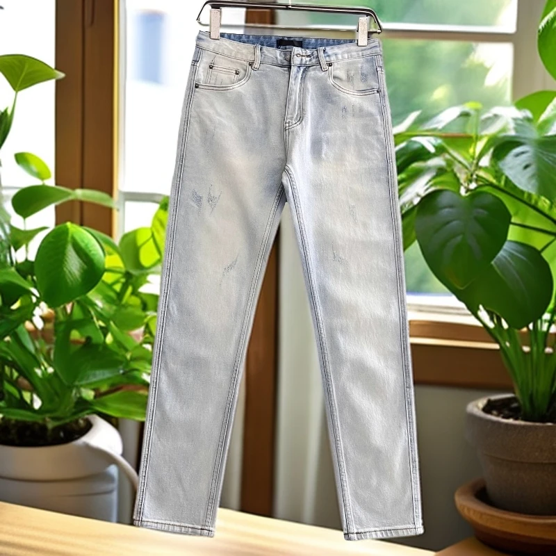 娜罗普西浅蓝色水洗白牛仔裤男士春夏季新款时尚休闲修身小脚长裤