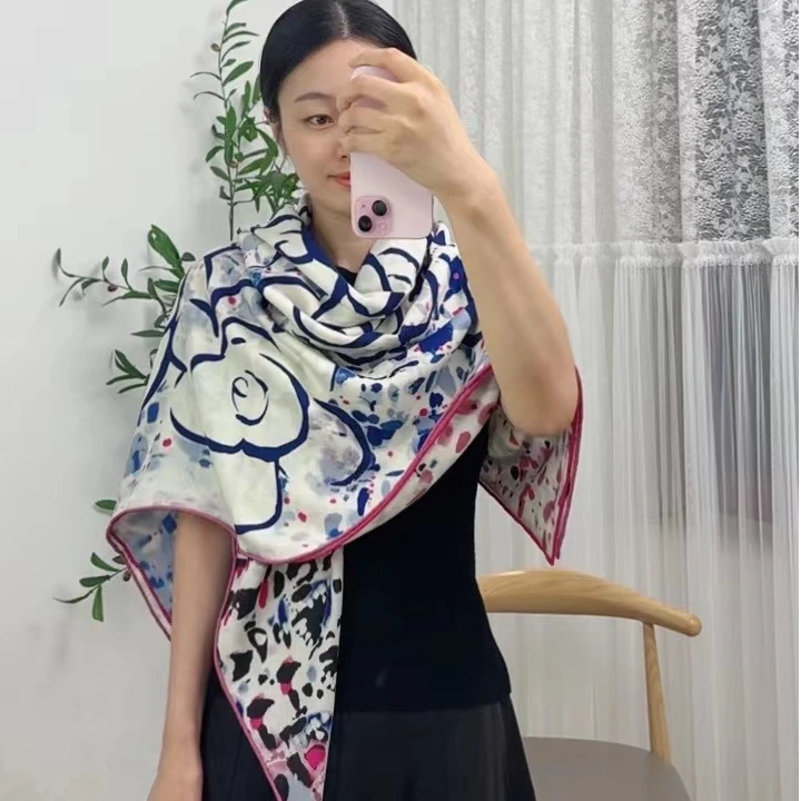 【花海山茶】蓝色调~桑蚕丝绵羊毛围巾丝巾大方巾130cm丝毛披肩!