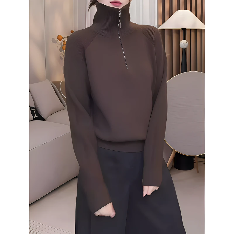 温柔慵懒风半拉链高领针织衫女秋季显瘦百搭长袖内搭保暖毛衣上衣