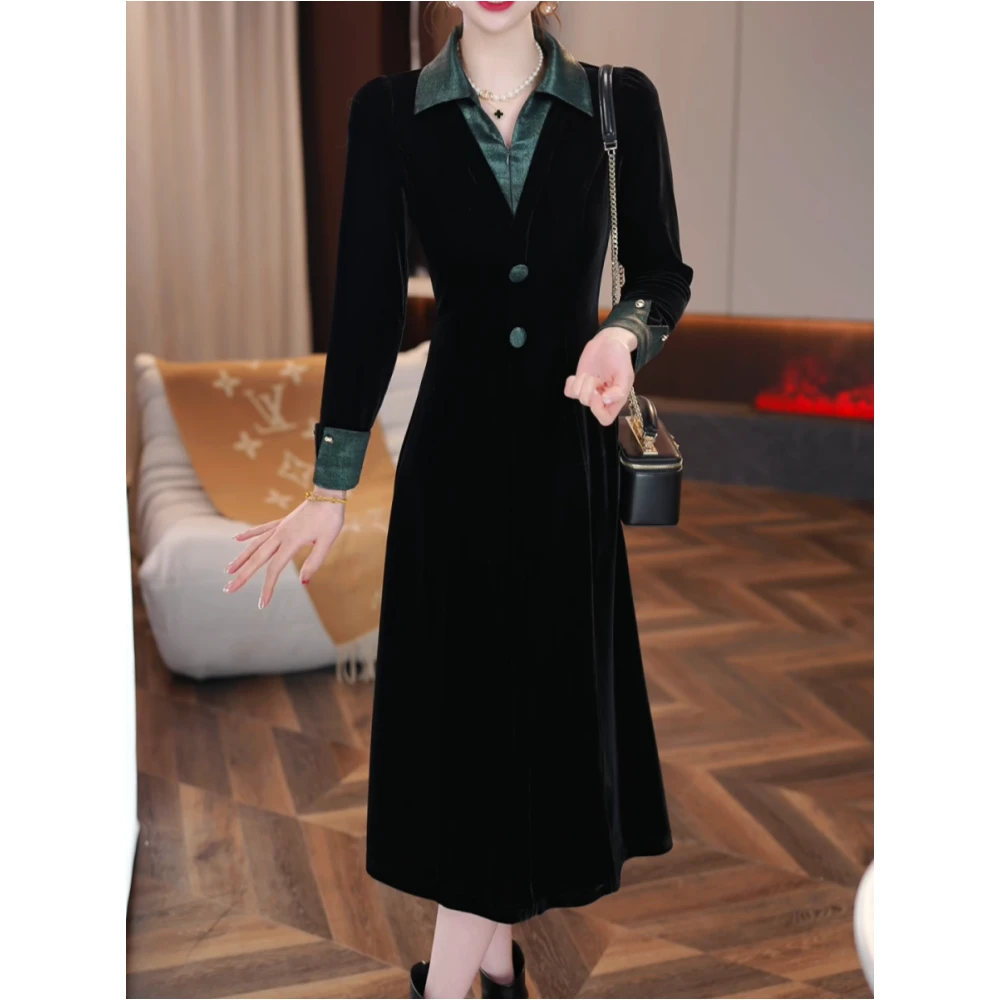 时尚修身气质减龄长袖连衣裙2025年新款遮肉显瘦收腰中长款A字裙