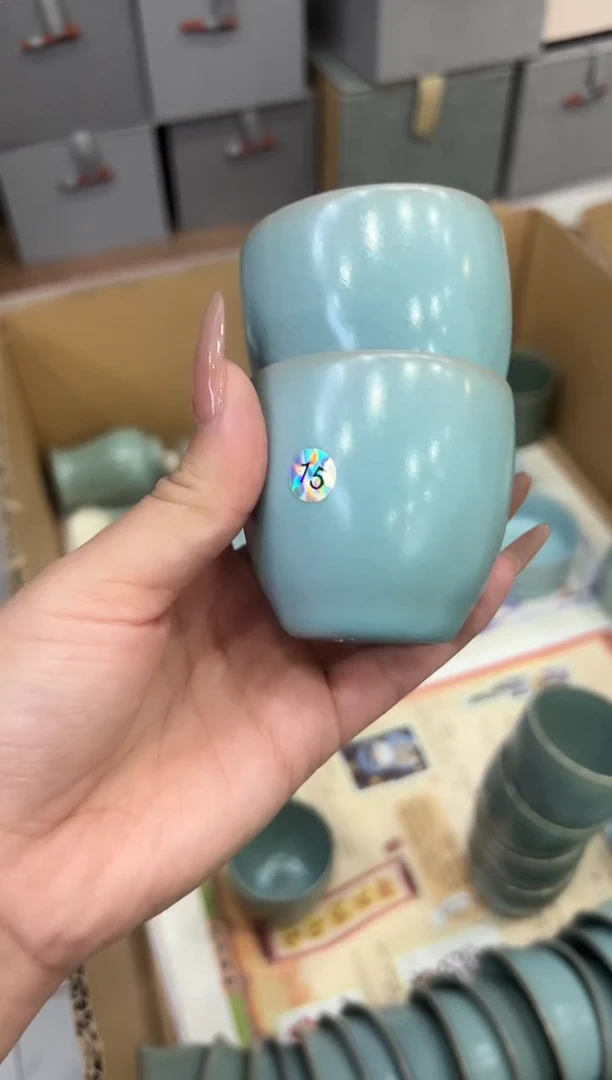 瓷片仿古天青闻香杯一对大瑕15