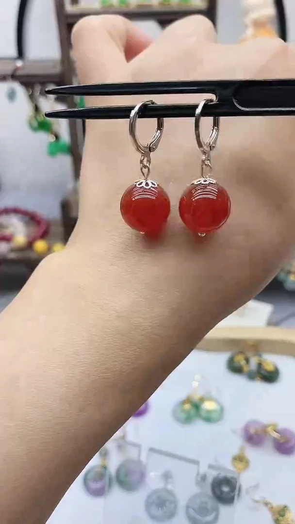 南红玛瑙银S925镶嵌耳饰127