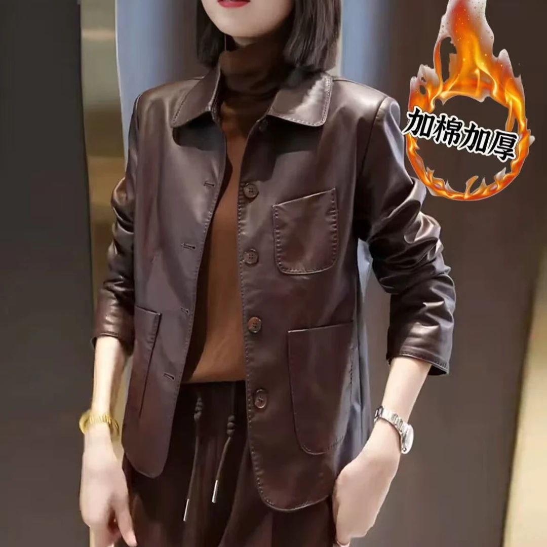 【加棉保暖】海宁正品2025秋冬加棉加厚时尚翻领气质皮衣外套女