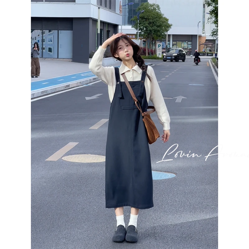 WANZI-9265-3呢子藏青色背带裙女宽松冬季连衣裙中长款A字H型毛呢